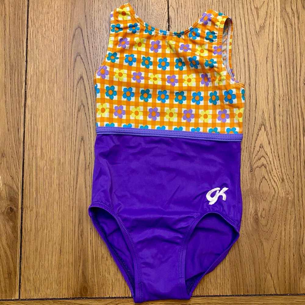 GK Gymnastics Leotard Child Small Purple & Orange Flowers Checks